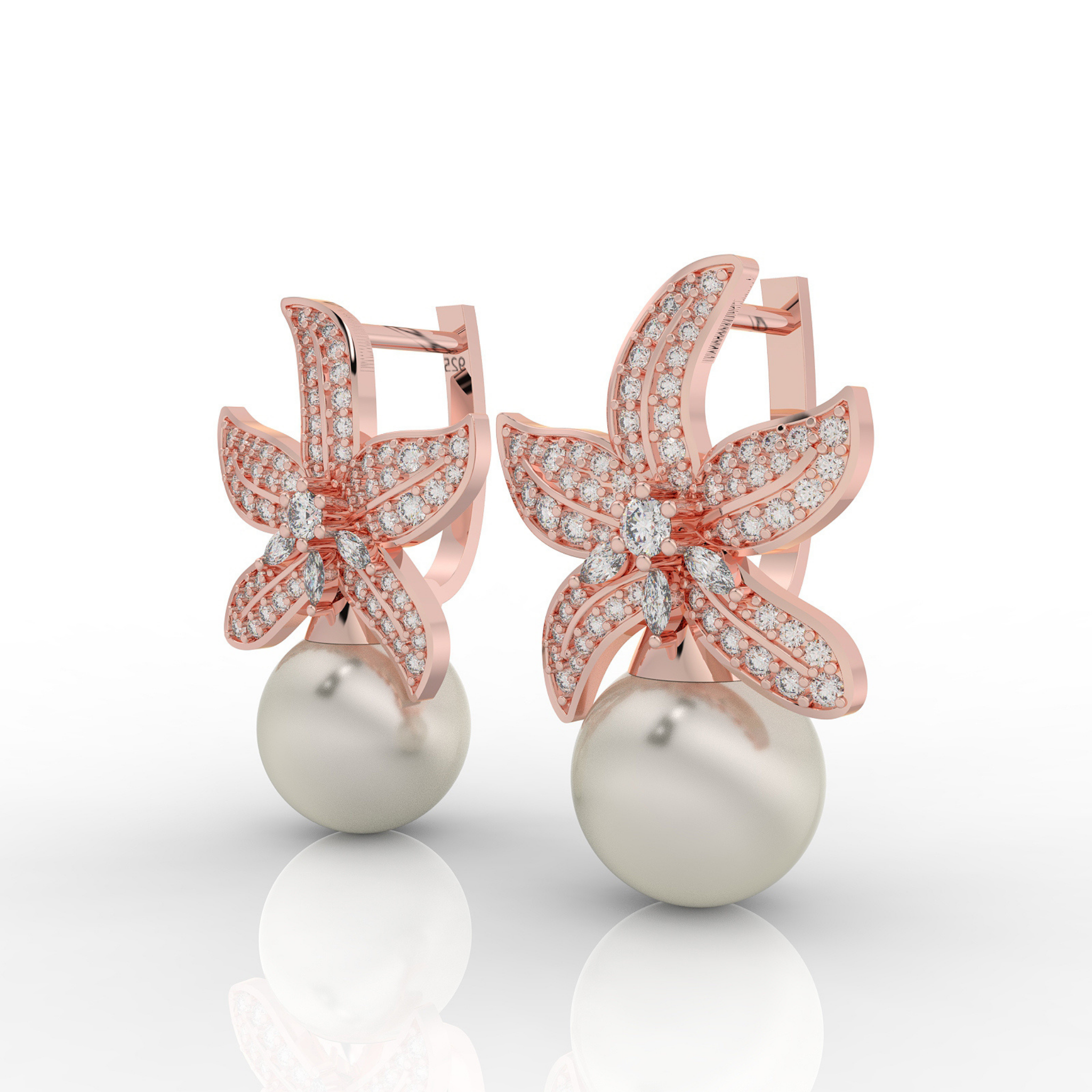 Cocktail Star Fish Pearl Dangle Earrings, Hallmarked 925 Sterling Silver